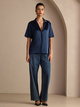 [Dark Blue] SilkSilky-CA Short Sleeve Notch Collar Women's Shirt 006