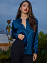 [Teal] SilkSilky-CA Long Sleeve Lapel Collar Women's Shirt 006