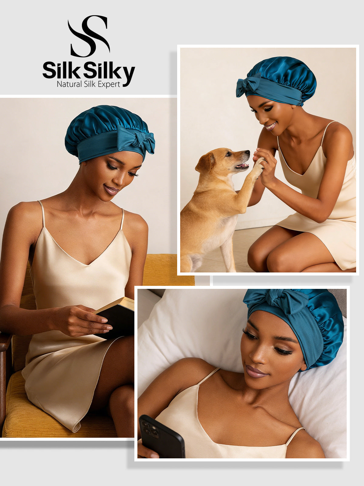 [Teal] SilkSilky-CA Pure Silk Sleep Cap 005