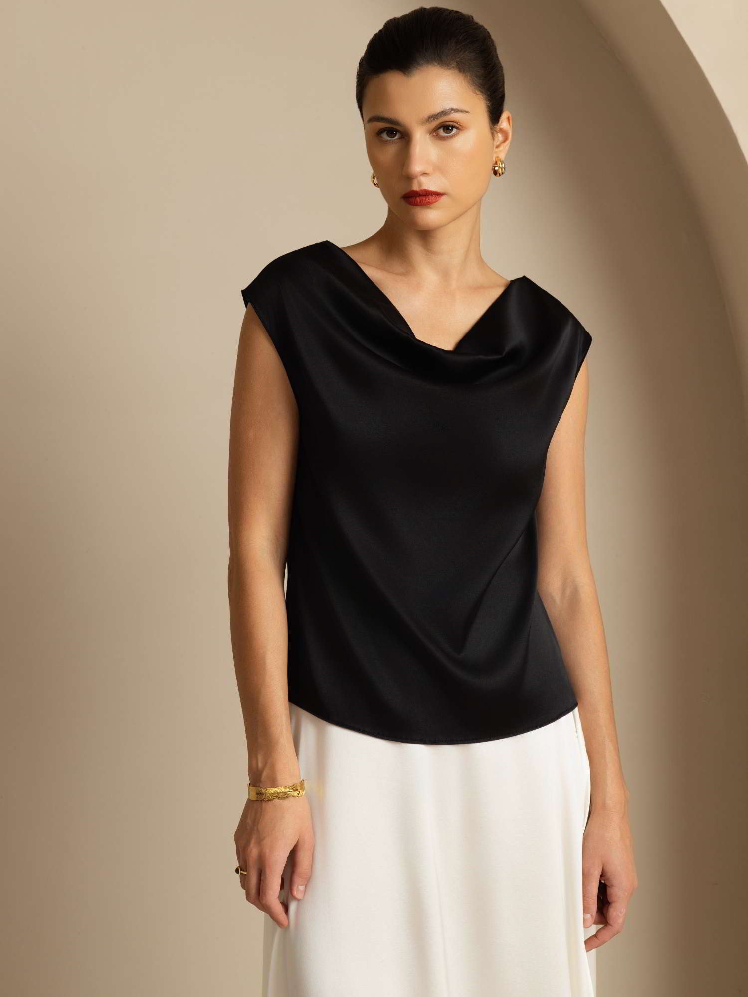 [Black] SilkSilky-CA 19Momme Silk Cap Sleeve Cowl Neck Women's T-Shirt 001