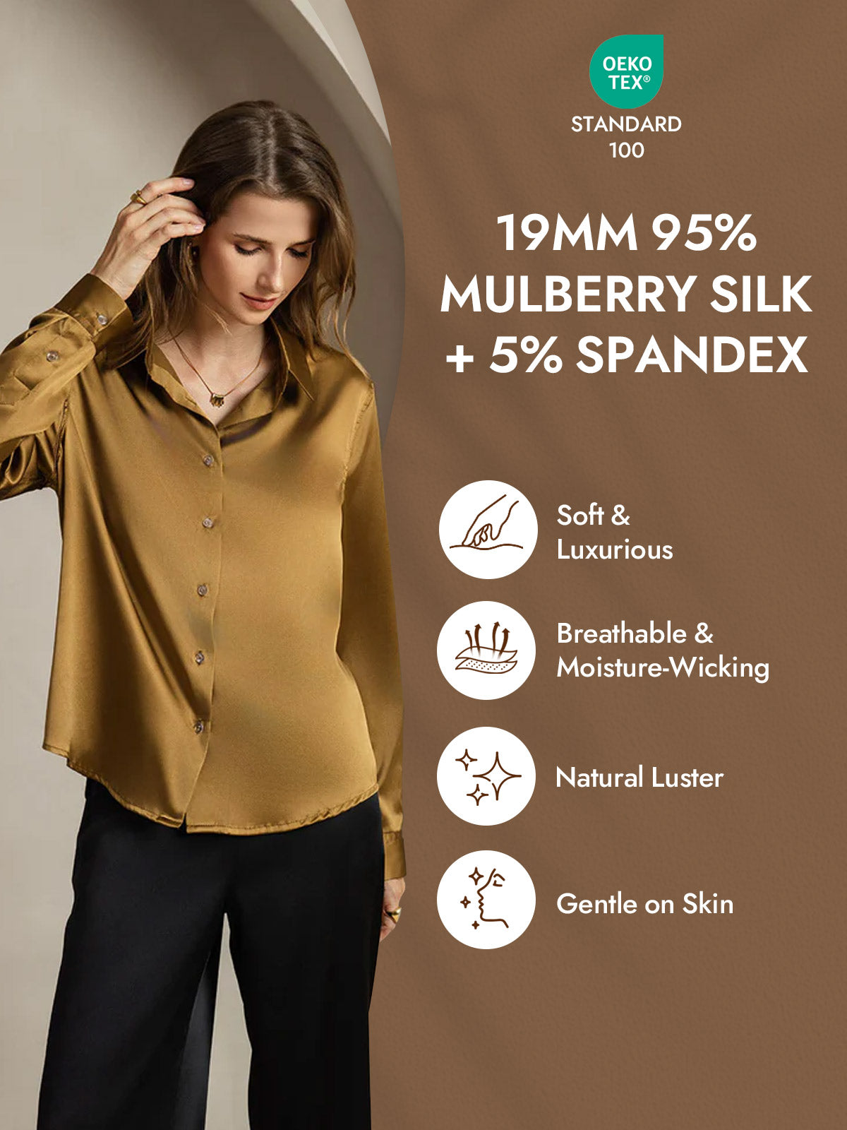 [Bronze] SilkSilky-CA Silk Long Sleeve Lapel Collar Women's Shirt 004
