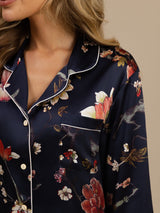 [Navy Floral] SilkSilky-CA Long Sleeve Lapel Collar Women's Pajamas 006