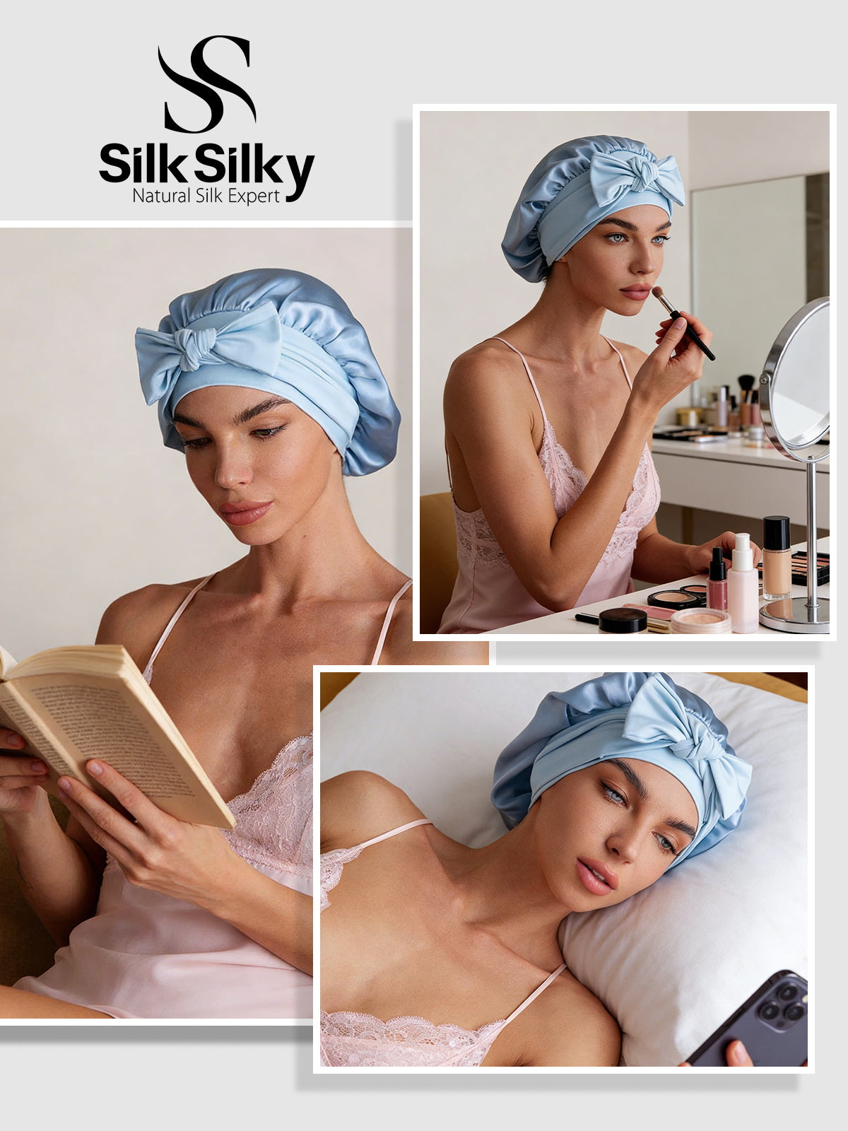 [Sky Blue] SilkSilky-CA Pure Silk Sleep Cap 005