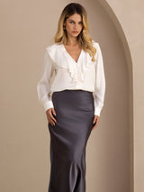 [White] SilkSilky-CA Long Sleeve Deep V Neck Women's Blouse 003