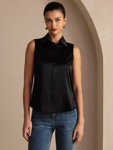 [Black] SilkSilky-CA Sleeveless Lapel Collar Women's Shirt 003
