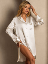 [Beige] SilkSilky-CA Long Sleeve Lapel Collar Nightshirt 005