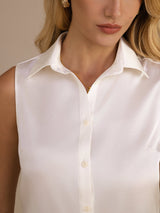 [White] SilkSilky-CA Sleeveless Lapel Collar Women's Shirt 004