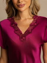 [Wine] SilkSilky-CA Short Sleeve V Neck Nightgown 004
