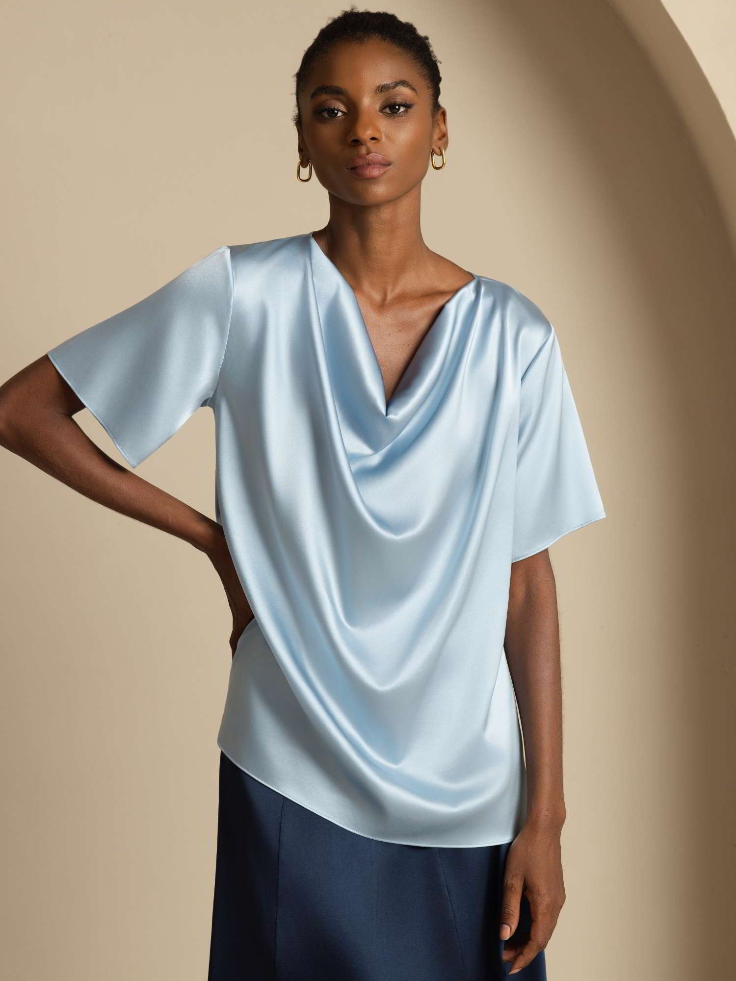 [Grayish Blue] SilkSilky-CA 19Momme Stretch Silk Charmeuse Short Sleeve Cowl Neck Blouse 001