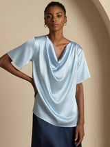 [Grayish Blue] SilkSilky-CA Short Sleeve Cowl Neck Women's Blouse 001
