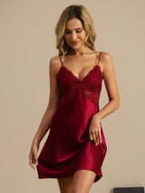 [Wine] SilkSilky-CA Spaghetti Strap Deep V Neck Nightgown 003