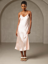 [Pink] SilkSilky-CA Spaghetti Strap V Neck Dress 004