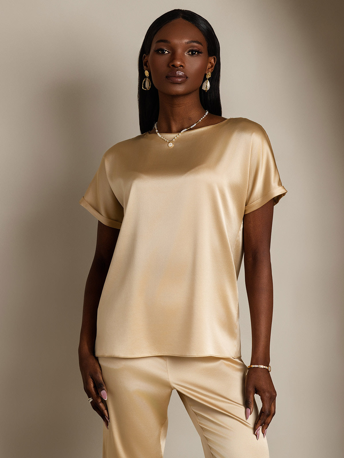 [Champagne] SilkSilky-CA 19Momme Silk Round Neck Women's T-Shirt 001