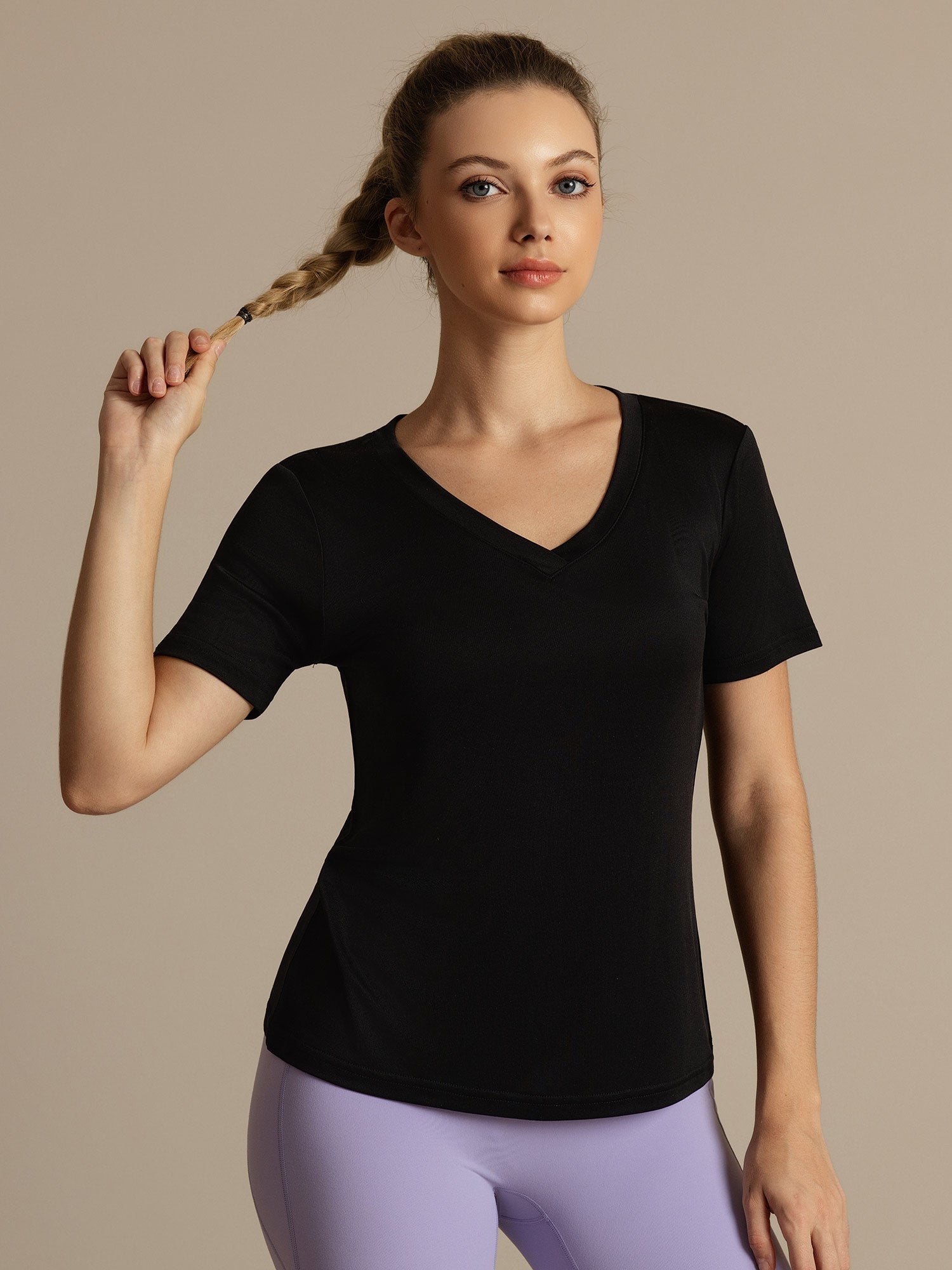 [Black] SilkSilky-CA 100% High-Twist Silk Jersey Short Sleeve V Neck Women's T-Shirt 004
