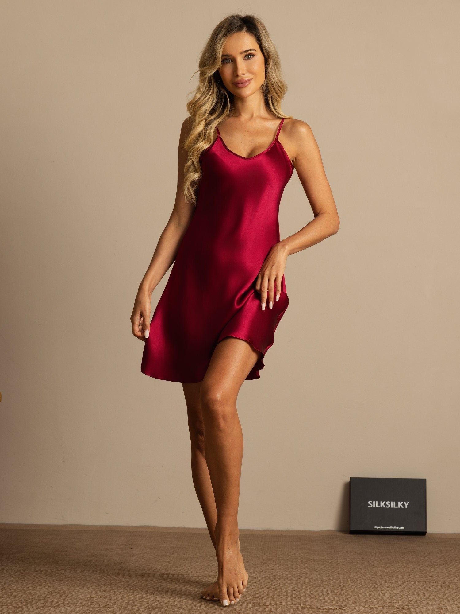[Wine] SilkSilky-CA Silk Spaghetti Strap V Neck Nightgown 006
