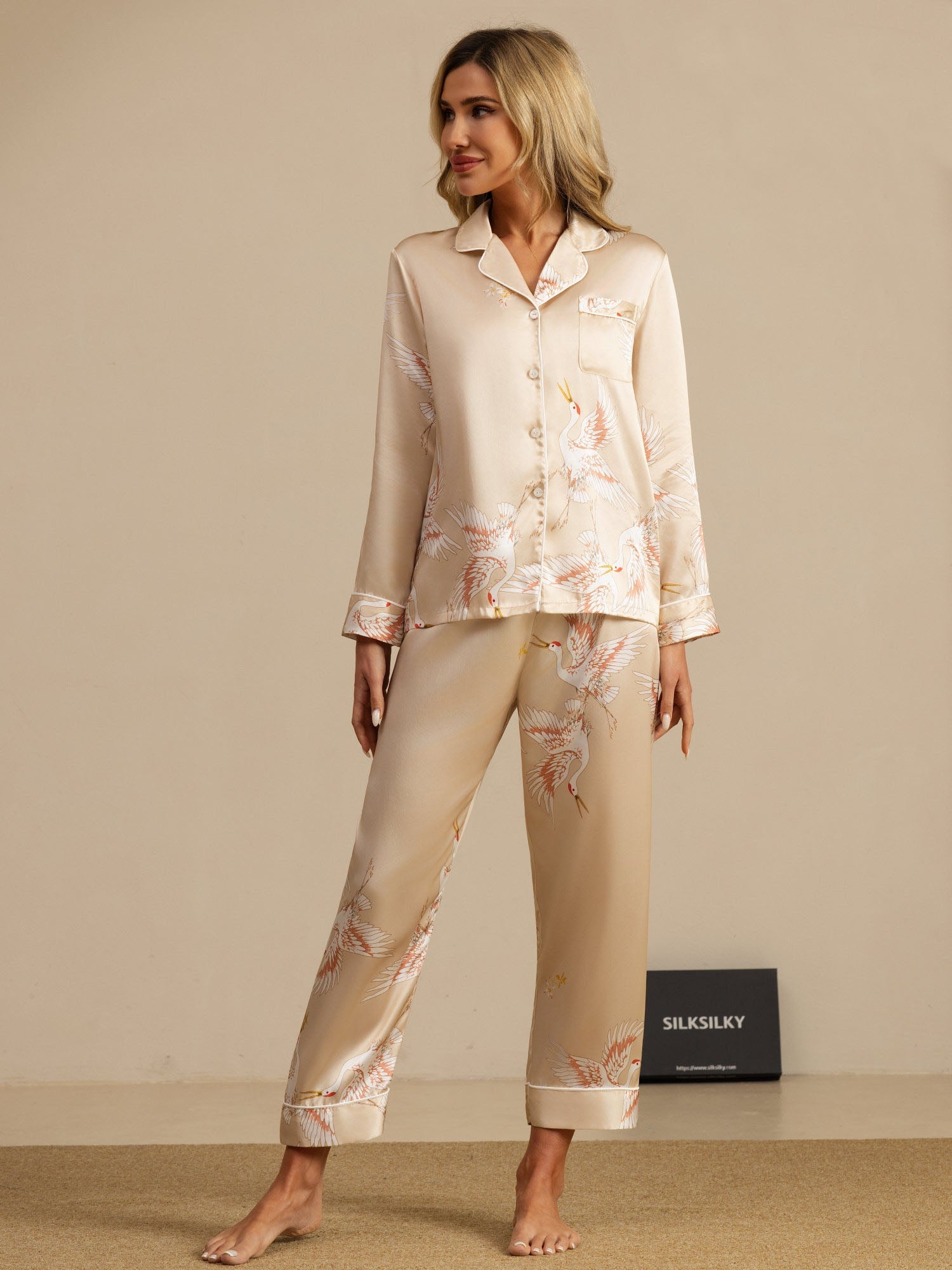 [Champagne] SilkSilky-CA 19Momme Long Sleeve Notch Collar Women's Pajamas 001