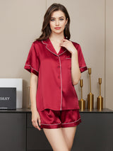 [Wine] SilkSilky-CA Short Sleeve Lapel Collar Women's Pajamas 001