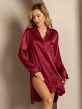 [Wine] SilkSilky-CA Long Sleeve Lapel Collar Nightshirt 001