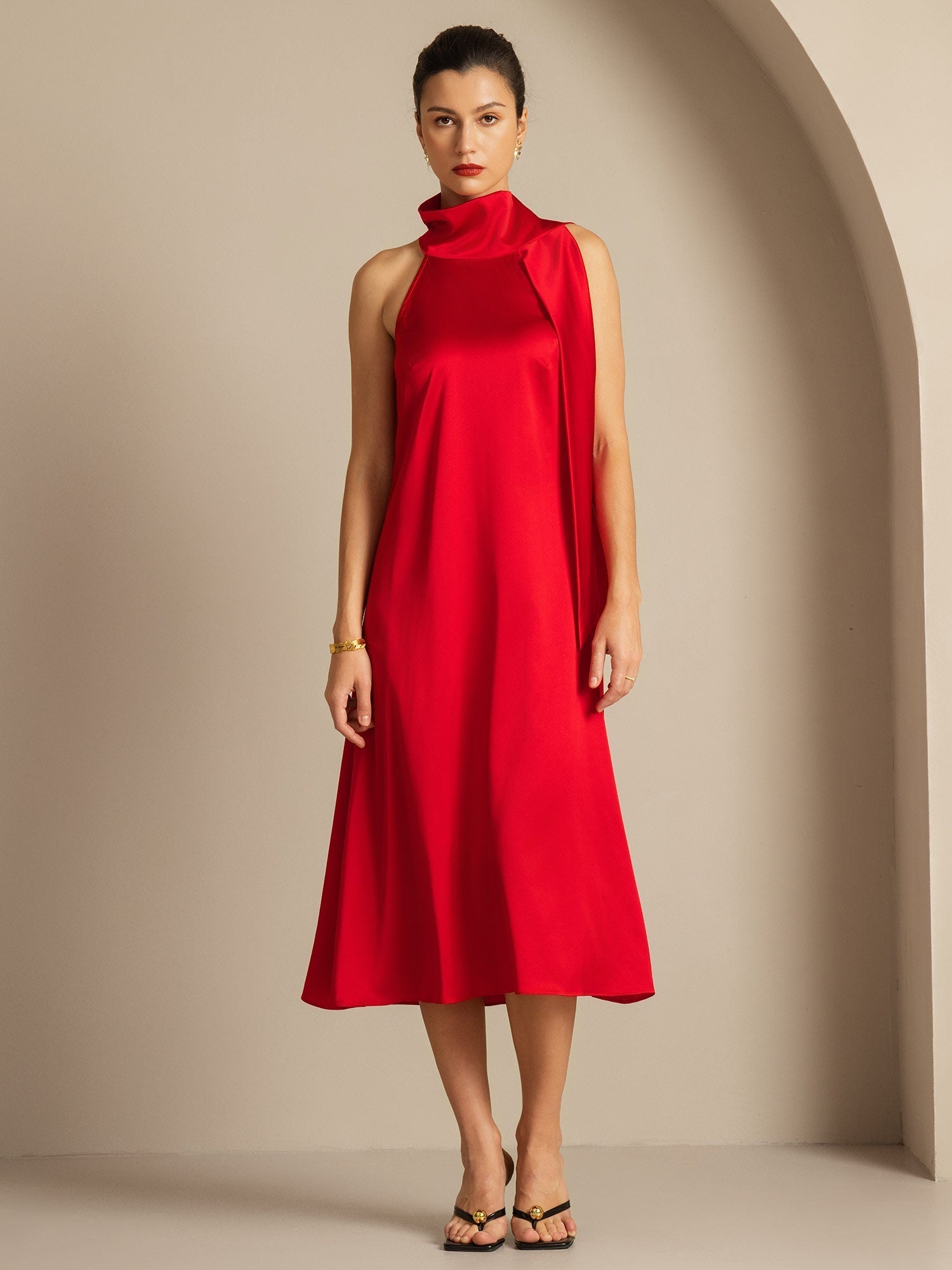 [Red] SilkSilky-CA 19Momme Silk Tie Neck Dress 003,