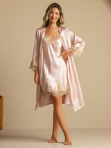 [Pink] SilkSilky-CA 3/4 Sleeve V Neck Nightgown&Robe Set 003