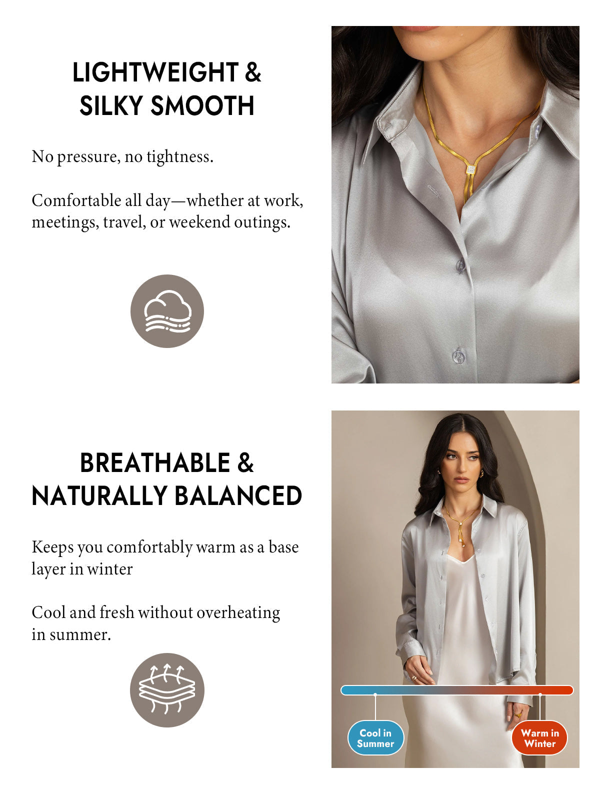 [Light Gray] SilkSilky-CA Silk Long Sleeve Lapel Collar Women's Shirt 004