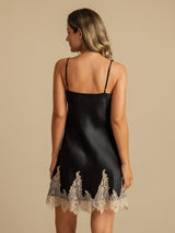 [Black+Beige] SilkSilky-CA Spaghetti Strap V Neck Nightgown 002