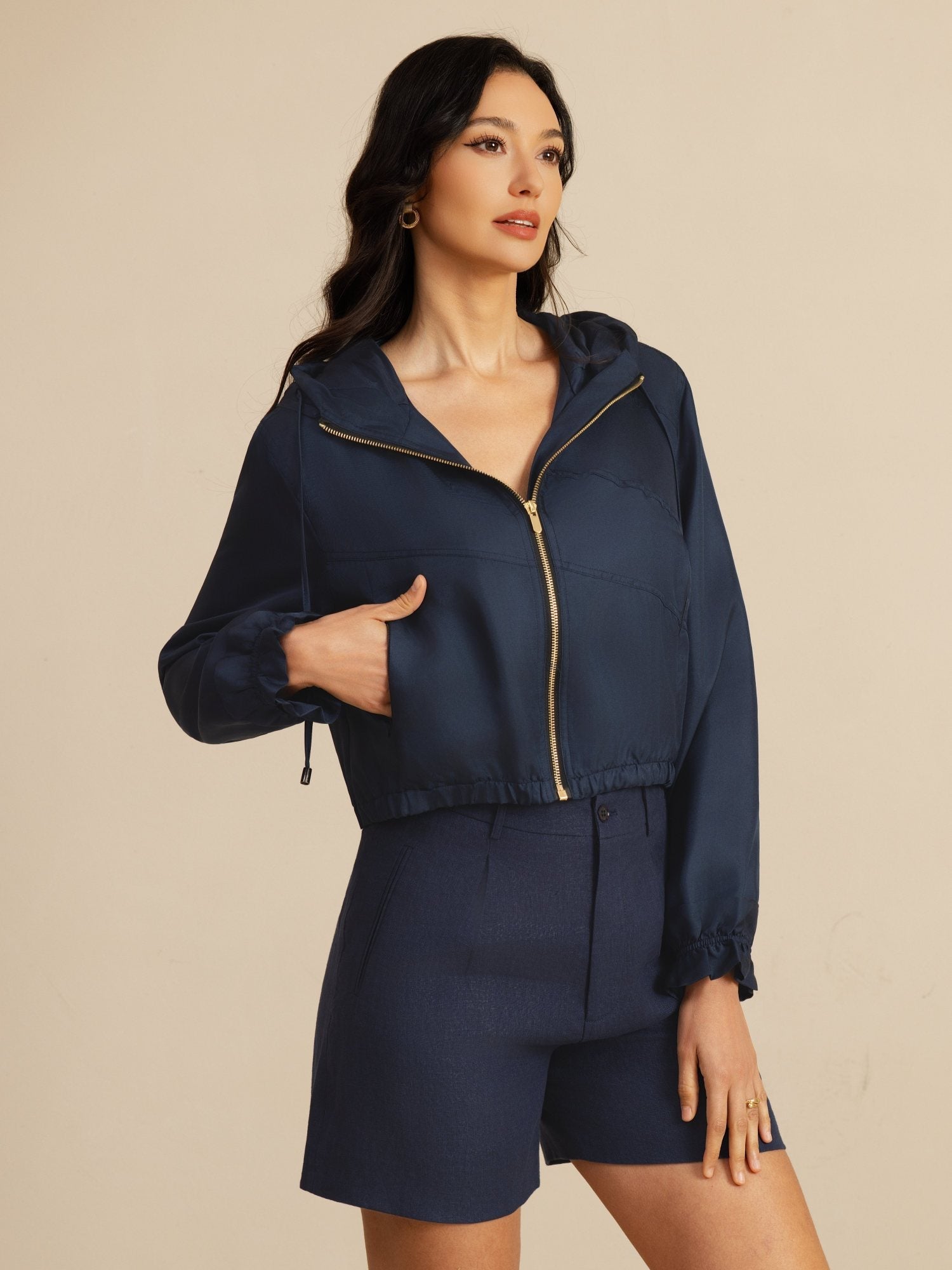 [DarkBlue] SilkSilky-CA 18Momme Silk Satin Surah Long Sleeve High Neck Women's Outerwear 003