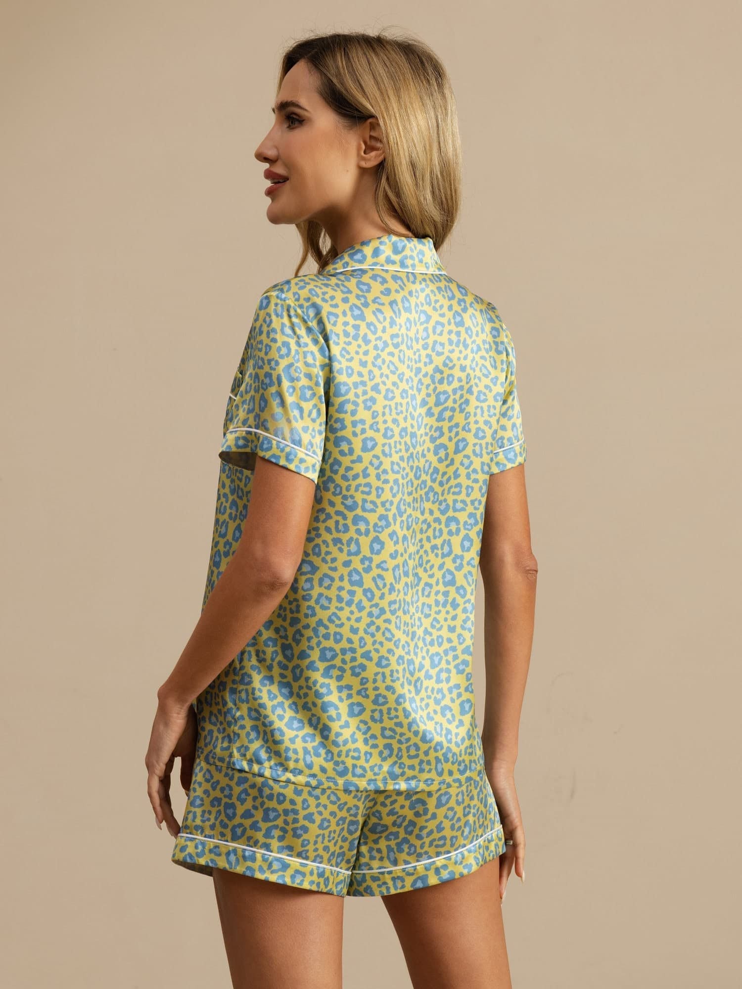 [Green Leopard] SilkSilky-CA 19Momme Short Sleeve Notch Collar Women's Pajamas 002