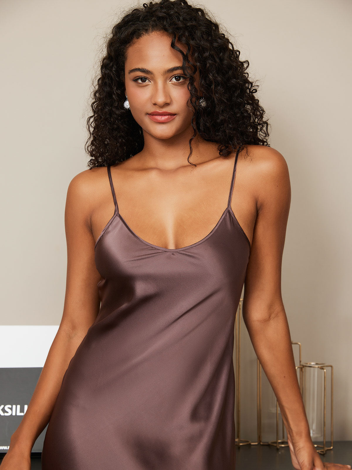 [Coffee] SilkSilky-CA Spaghetti Strap V Neck Nightgown 004