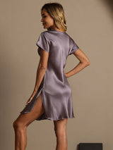 [Purple Gray] SilkSilky-CA Short Sleeve V Neck Nightgown 002