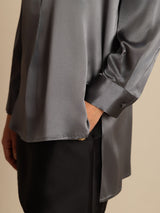[Dark Gray] SilkSilky-CA 19Momme Stretch Silk Charmeuse Long Sleeve Stand Collar Blouse 008
