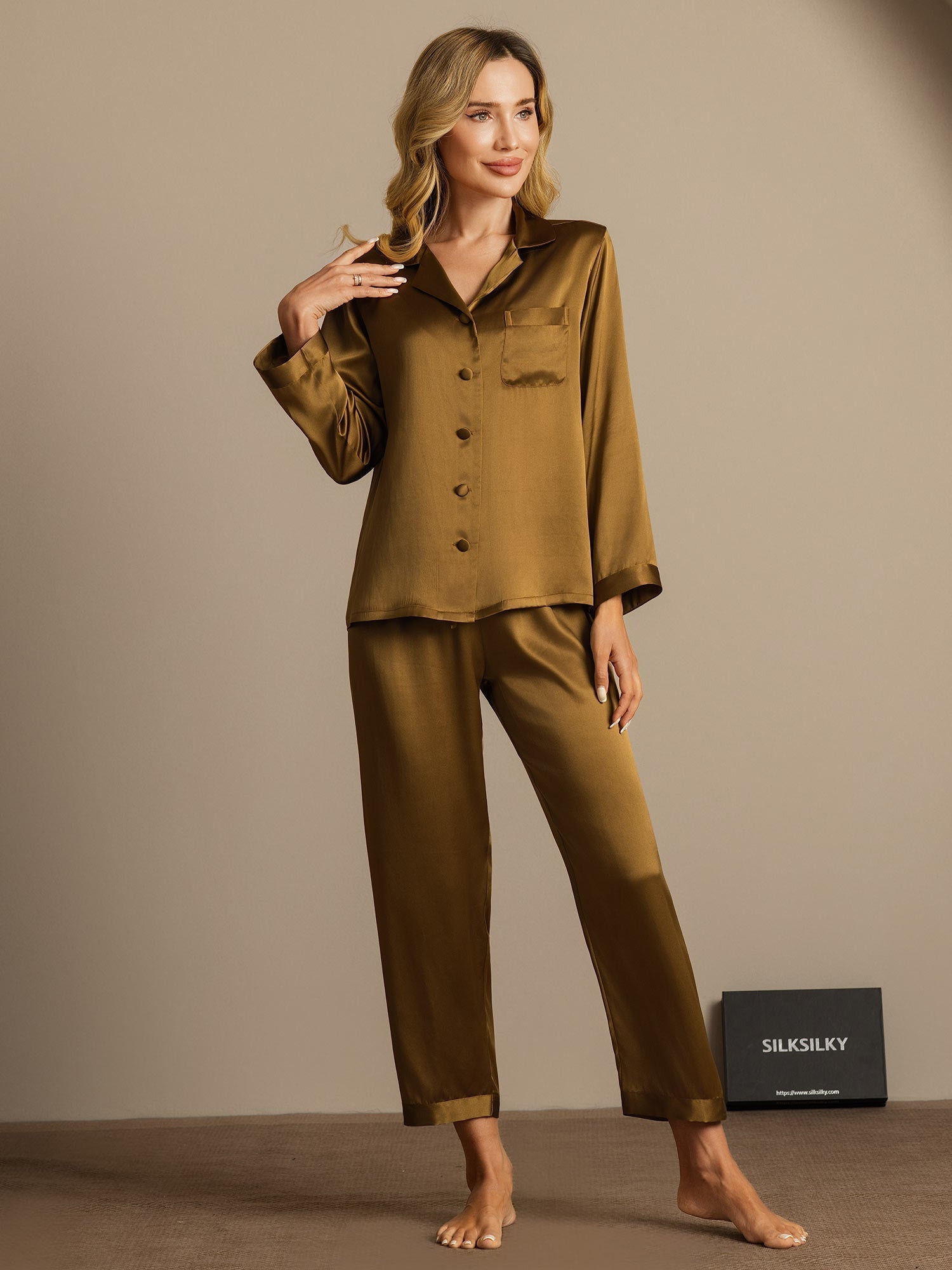 [Brown] SilkSilky-CA Long Sleeve Notch Collar Women's Pajamas 005