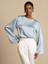 [Grayish Blue] SilkSilky-CA Long Sleeve Boat Neck Blouse 003