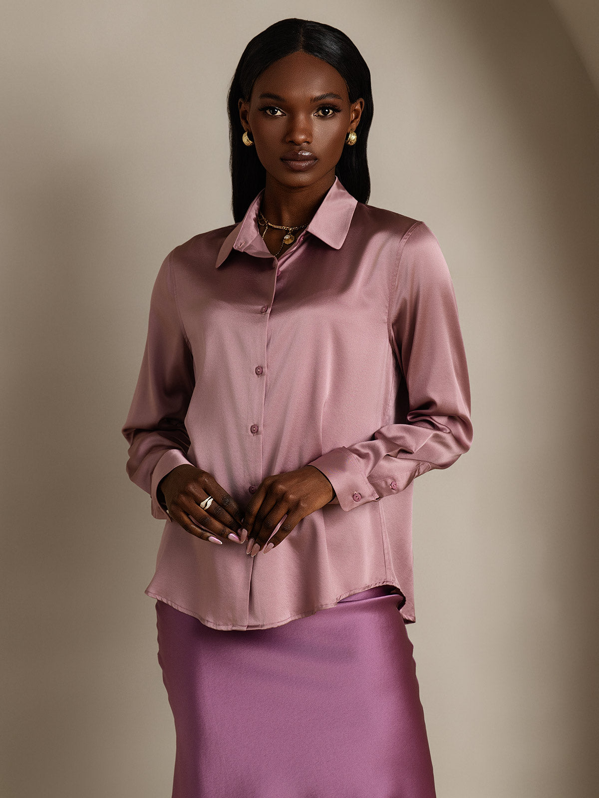 [Pale Mauve] SilkSilky-CA 19Momme Stretch Silk Charmeuse Long Sleeve Lapel Collar Women's Shirt 005