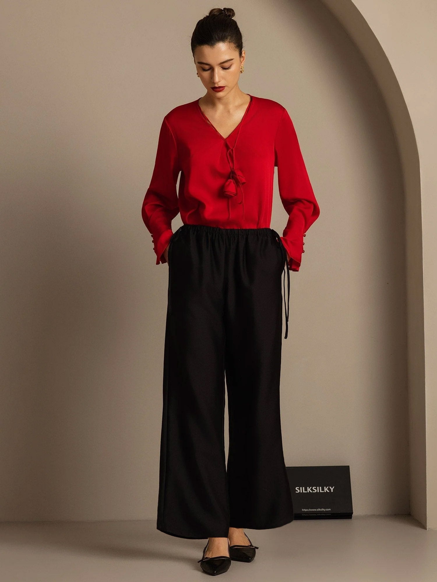 [Black] SilkSilky-CA 32Momme Silk-Wool Blend Womens Pants 005,