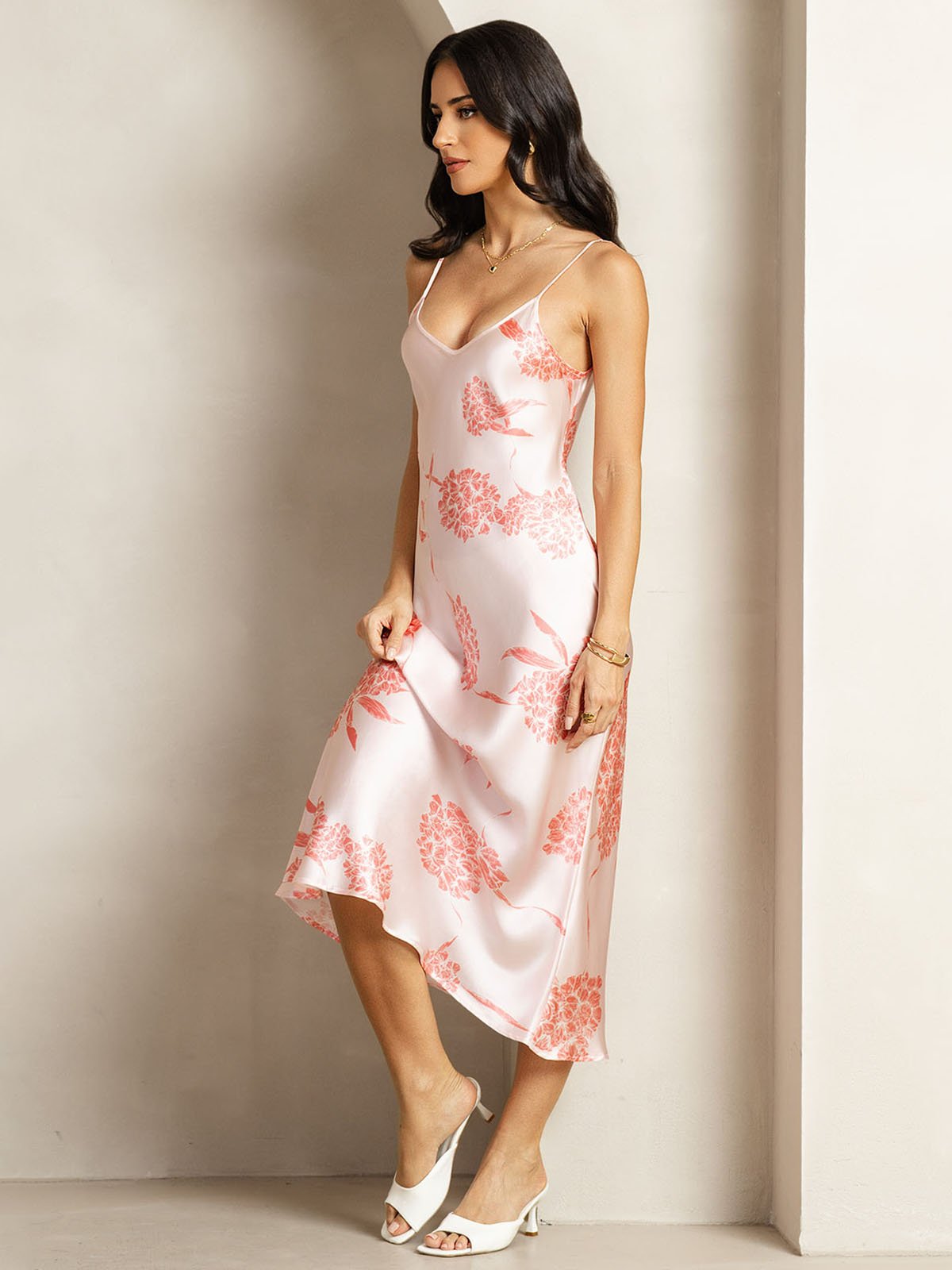 [Coral Floral] SilkSilky-CA 19Momme Silk V Neck Dress 004