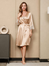 [Champagne] SilkSilky-CA 3/4 Sleeve V Neck Nightgown&Robe Set 008