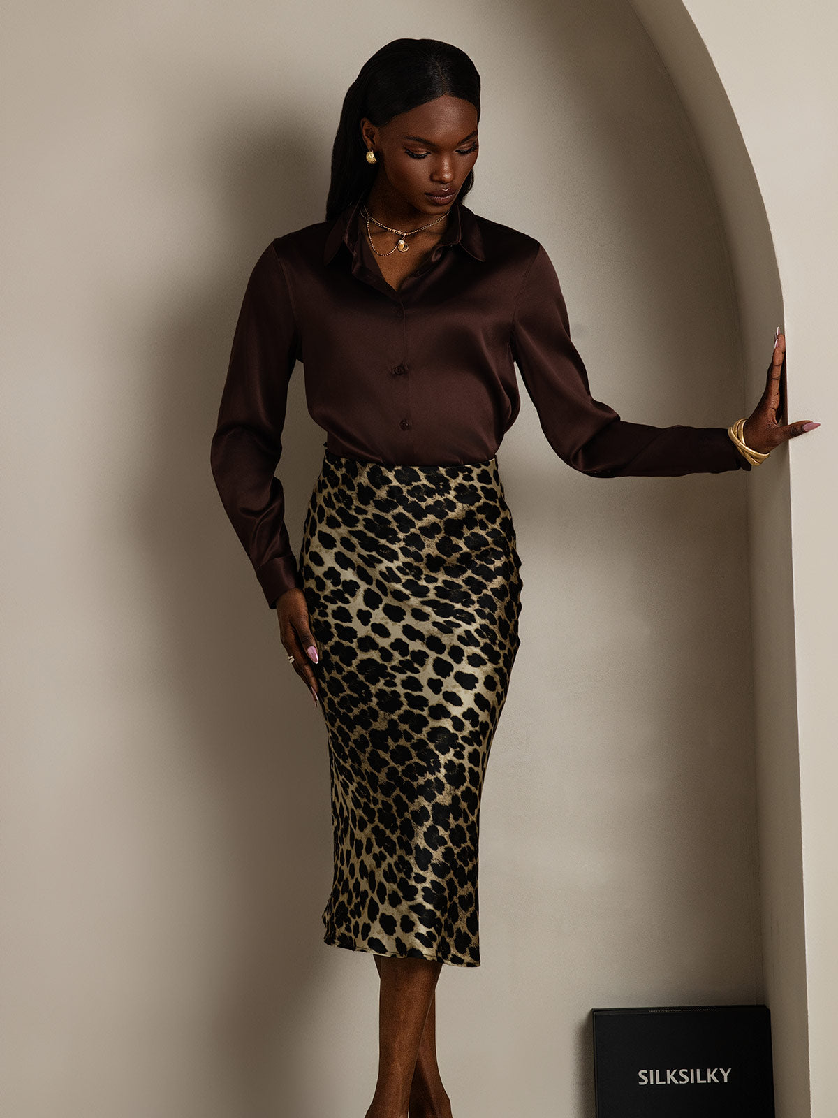 [Bitter Chocolate] SilkSilky-CA 19Momme Stretch Silk Charmeuse Long Sleeve Lapel Collar Women's Shirt 005