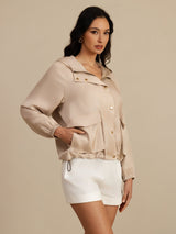 [Tan] SilkSilky-CA Silk Satin Surah Long Sleeve High Neck Women's Outerwear 003