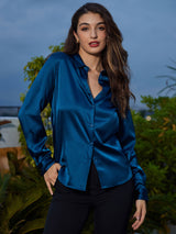 [Teal] SilkSilky-CA Long Sleeve Lapel Collar Women's Shirt 001
