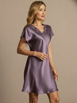 [Purple Gray] SilkSilky-CA Short Sleeve V Neck Nightgown 001