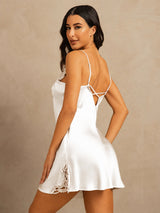 [White] SilkSilky-CA Spaghetti Strap V Neck Nightgown 002