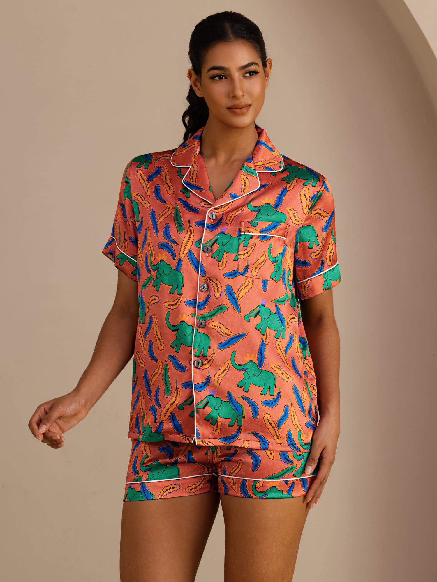 [Clay Elephant] SilkSilky-CA Short Sleeve Lapel Collar Women's Pajamas 001