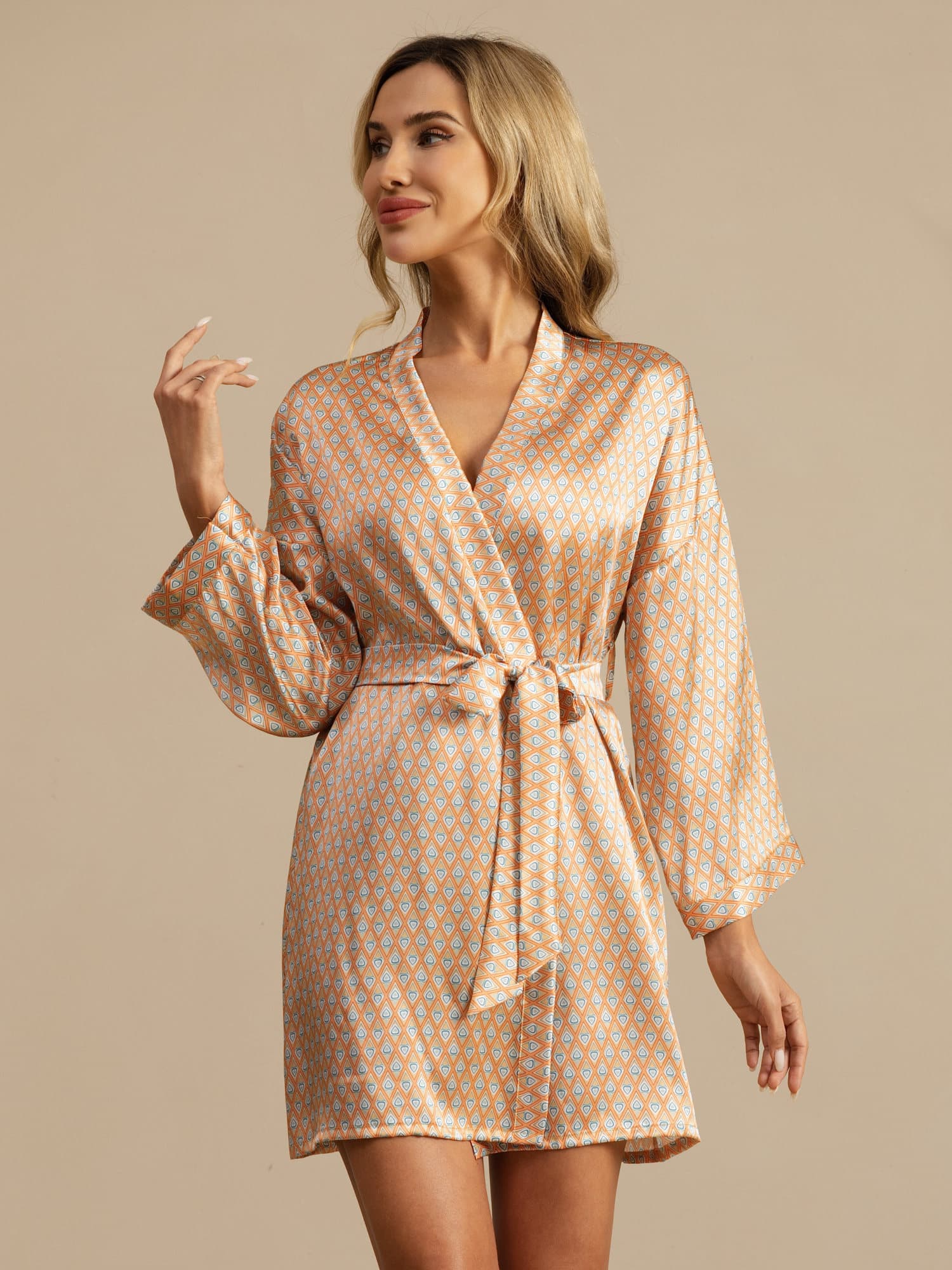 [Yellow Heart Geo] SilkSilky-CA 3/4 Sleeve V Neck Women's Robe 007