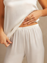 [White] SilkSilky-CA 19Momme Machine-Washable Silk Spaghetti Strap Scoop Neck Camisole Set 005