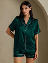 [Dark Green] SilkSilky-CA Short Sleeve Lapel Collar Women's Pajamas 006