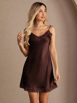 [Brown] SilkSilky-CA Spaghetti Strap V Neck Nightgown 006