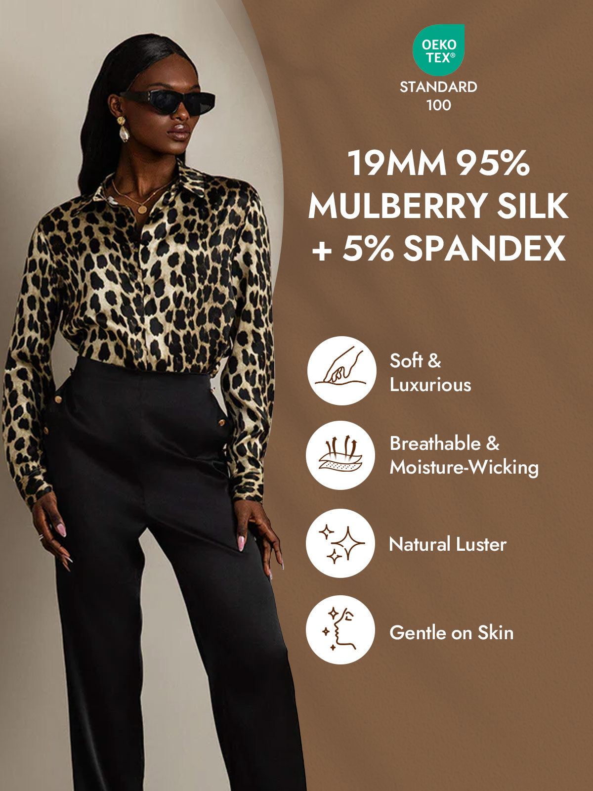 [Leopard] SilkSilky-CA Silk Long Sleeve Lapel Collar Women's Shirt 004