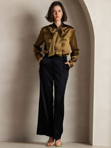[Brown] SilkSilky-CA 19Momme Stretch Silk Charmeuse Long Sleeve Tie Neck Blouse 003