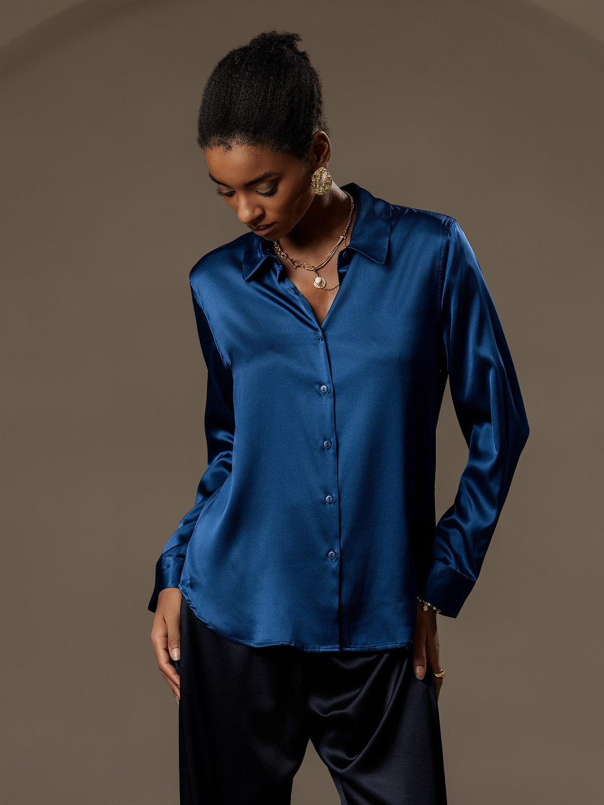 [Teal] SilkSilky-CA Silk Long Sleeve Lapel Collar Women's Shirt 008